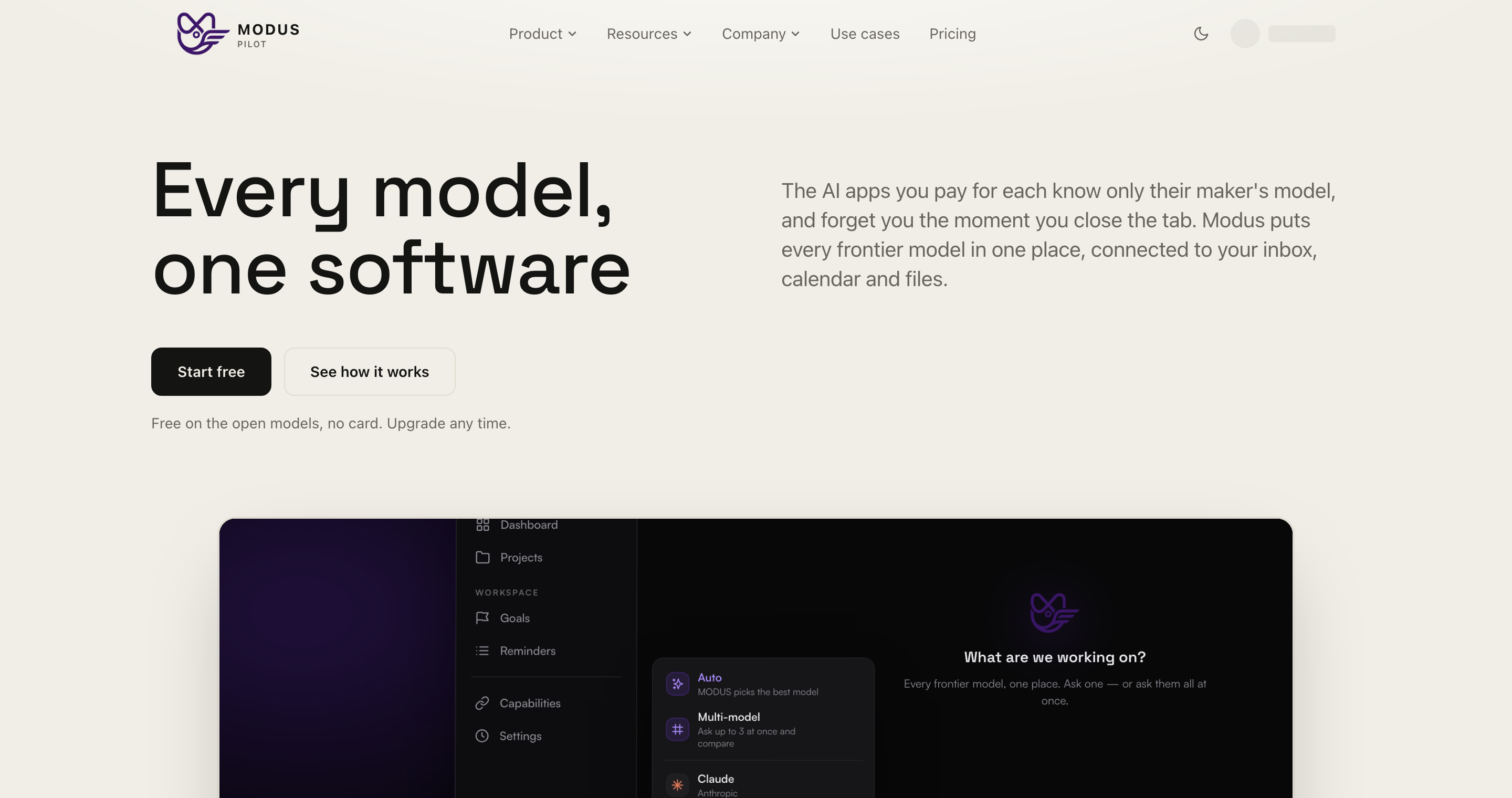 The Modus home page on warm ivory, headline reading Every model, one software, above a dark app window with the model picker open on Claude, GPT, Gemini and Llama.